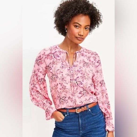 Loft Floral Ruffle Tie Neck Top Blossom Blouse Pink Floral Career and Casual - Picture 1 of 11